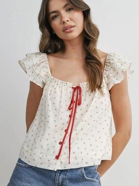 Women’s Cream Floral Ruffle Sleeve Top with Red Tie